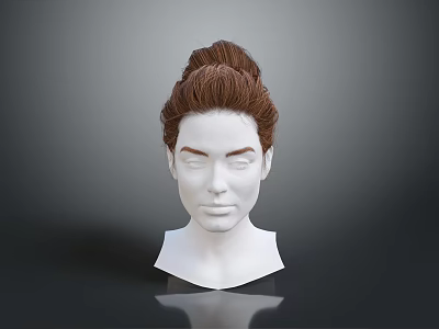 3D Character Female Head Model Featuring Brown Bun Hairstyle White Facial Details And Gray Background 3d model