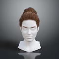 3D Character Female Head Model Featuring Brown Bun Hairstyle White Facial Details And Gray Background