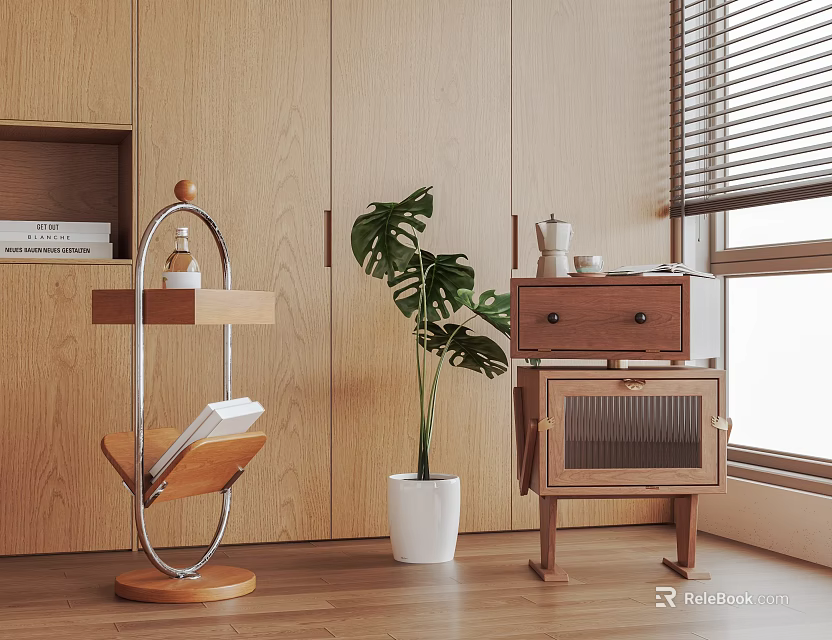 Wooden Corner Side Table With Green Plant And Decorative Items 3d model