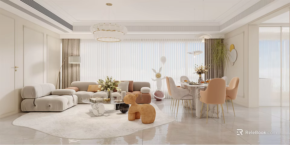 Elegant Modern Living Dining Room Interior With Sofa Dining Table And Chandelier 3d model