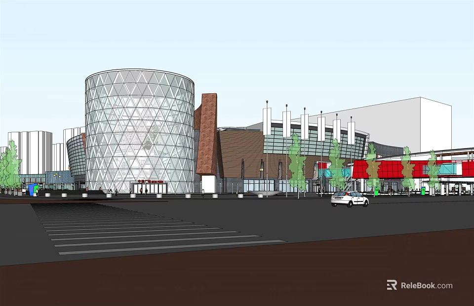 Modern Commercial Complex With Glass Facade Domed Design And Landscaped Parking Area 3d model 