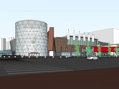 Modern Commercial Complex With Glass Facade Domed Design And Landscaped Parking Area 3d model