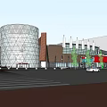 Modern Commercial Complex With Glass Facade Domed Design And Landscaped Parking Area