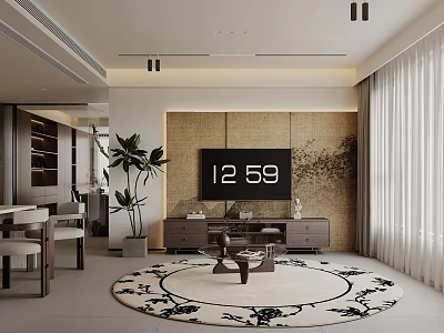 Modern Minimalist Living And Dining Room With Woven Feature Wall Circular Rug And Potted Plant 3d model