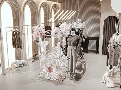 Elegant Clothing Store Interior With Arched Windows Transparent Racks Pink Flower Decorations And Mannequins 3d model