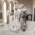 Elegant Clothing Store Interior With Arched Windows Transparent Racks Pink Flower Decorations And Mannequins