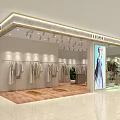 Modern Clothing Store With Clothes On Gold Racks Spotlights Window Display Mannequins And Green Plants
