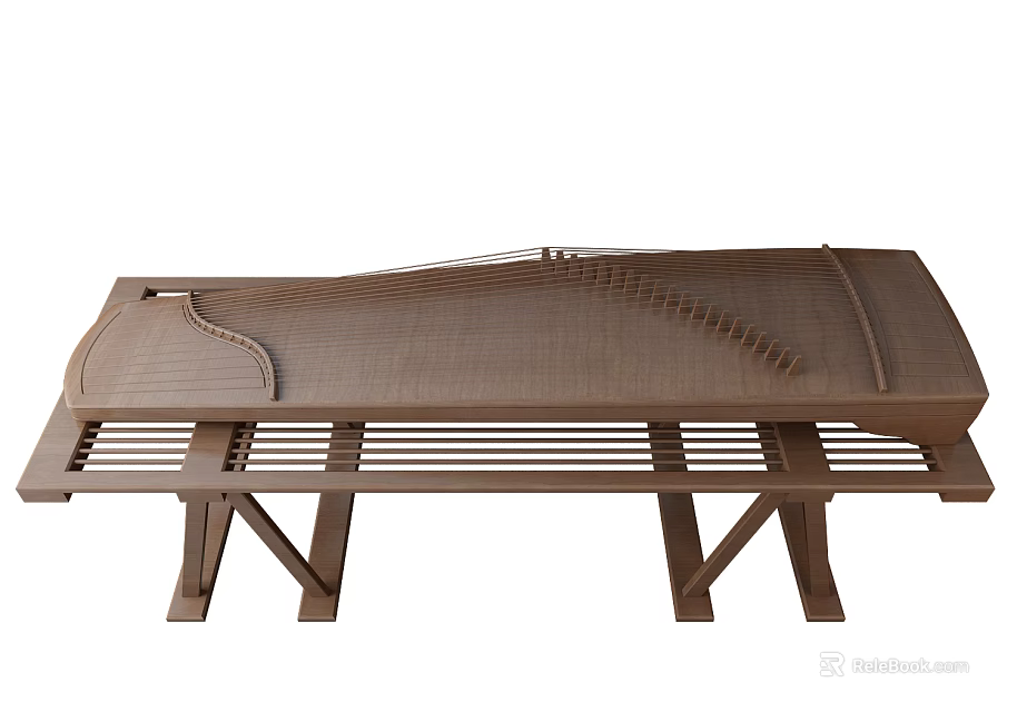 Artistic Traditional Chinese Zither And Painting Tools Displayed On Wooden Stand With Craft Design 3d model 