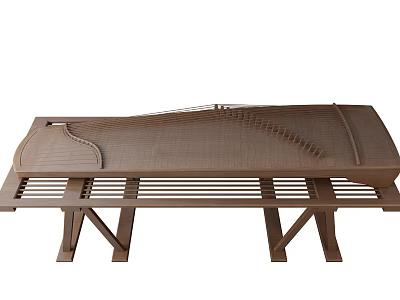 Artistic Traditional Chinese Zither And Painting Tools Displayed On Wooden Stand With Craft Design 3d model