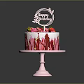 Happy Birthday Cake With White Frosting Pink Drizzle Strawberries And Flowers On Pink Stand