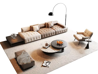 Modern Sofa and Coffee Table in Living Room with Upholstered Seats Round Table and Decor 3d model