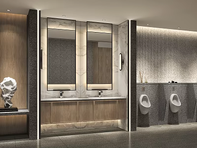 Hotel Bathroom With Double Mirrors Wooden Vanity Textured Walls And Urinals 3d model