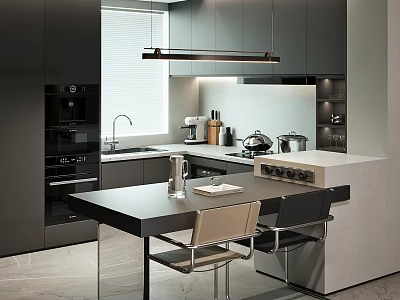 Modern Restaurant Kitchen Interior With Dark Cabinets Island Counter Appliances Dining Table And Chairs 3d model