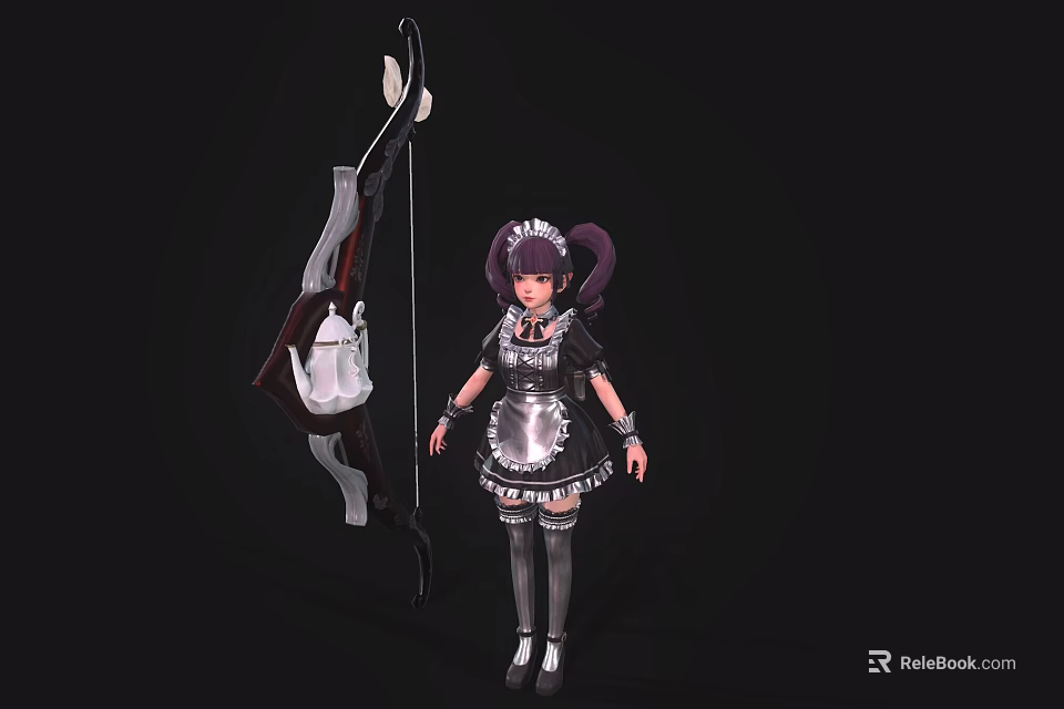 Game and Movie Character With Purple Twin Ponytails In Black Silver Maid Outfit Large Bow 3d model 