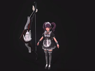 Game and Movie Character With Purple Twin Ponytails In Black Silver Maid Outfit Large Bow 3d model