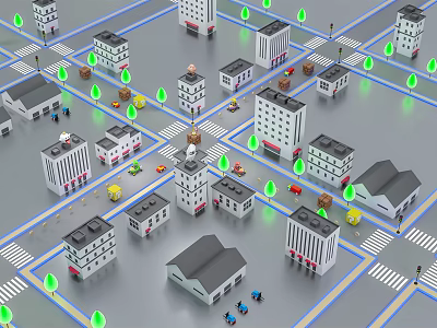 Cartoon City Scene With Various Buildings Roads Vehicles Green Lights and Pedestrians 3d model
