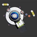 Vibrant Cartoon Scene With Round Spaceship Blue White Top Black Ramp And Colorful Cylindrical Canisters