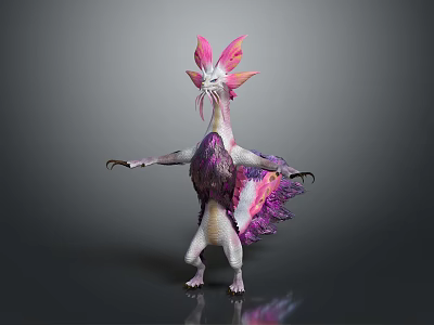 Vibrant Fantasy Game Character With Pink Feathers Purple Plumage Long Neck And Outstretched Arms 3d model