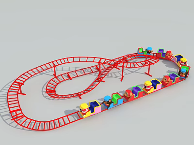 Colorful Kids Amusement Ride With Red Curved Track And Small Cars 3d model