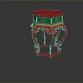 Traditional Chinese Red Stool With Green Top Decorative Carved Legs And Ornate Edge Details