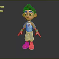 3D Cartoon Child With Brown Hair Big Eyes Orange White Tshirt Blue Shorts Red Shoes
