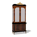 Classic Wooden Wine Cabinet With Glass Doors And Golden Carved Top Decor