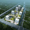 Modern Industrial Park With High Rise Glass Facade Buildings Night Lighting Greenery And Roads