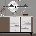Modern Entryway Cabinet Sideboard With Marble Landscape Pattern And Decorative Wall Art 3d model