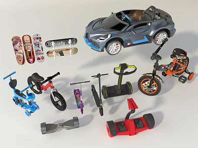 Colorful Kids Bicycles And Balance Bikes With Skateboards And Toy Cars 3d model