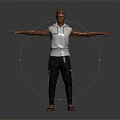 Man In White Sleeveless Hoodie And Gray Cargo Pants With Arms Outstretched Against Dark Background
