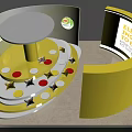 Vibrant Yellow Multi Tiered Display Stand With Product Bags And Circular Wall Decor