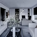 Modern Office Interior Design With Sofa Coffee Table Desk Computer Wall Art And Striped Carpet