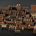 Various Wooden Fence Components With Picket Gates Railings And Decorative Posts