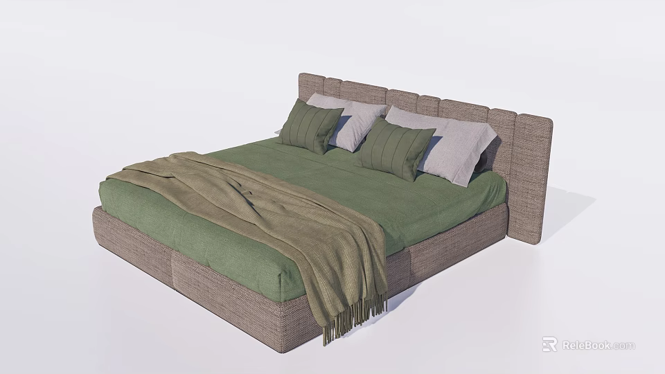 Double Bed With Green Bedding Gray Headboard Pillows And Throw Blanket 3d model