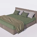 Double Bed With Green Bedding Gray Headboard Pillows And Throw Blanket 3d model