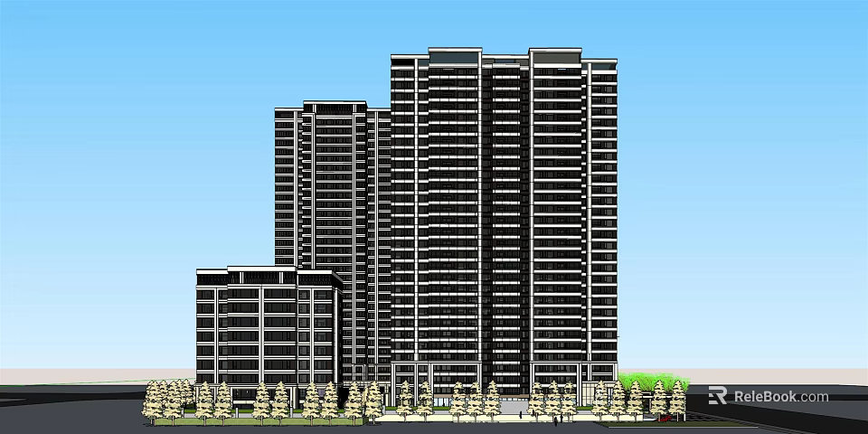 Modern High Rise Residential Buildings With Green Landscaping And Clear Blue Sky 3d model 