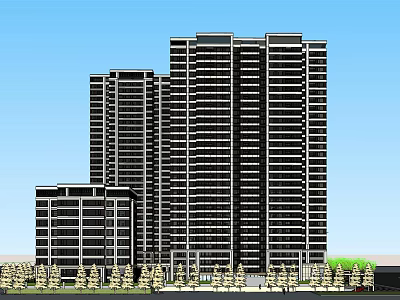 Modern High Rise Residential Buildings With Green Landscaping And Clear Blue Sky 3d model
