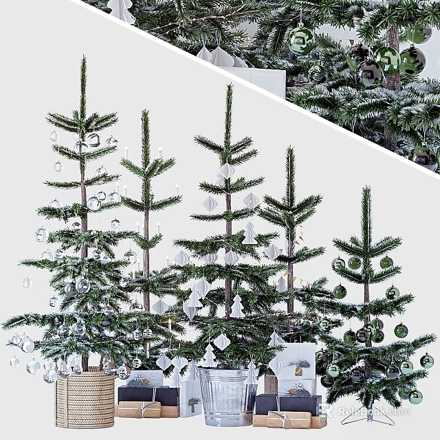 Christmas Ornament Decor Set with Small Trees Decorative Balls and Snowflakes 3d model 