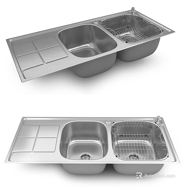 Stainless Steel Double Bowl Kitchen Sink With Drainer Rack And Cutting Board Area 3d model 