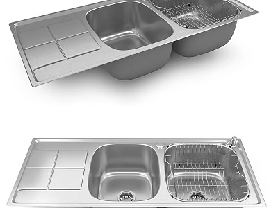 Stainless Steel Double Bowl Kitchen Sink With Drainer Rack And Cutting Board Area 3d model