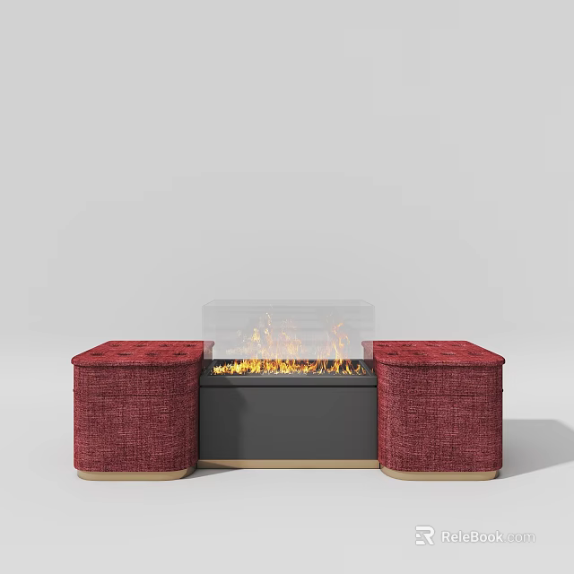 Modern Red Upholstered Sofa Set With Central Fireplace Glass Panel And Flames 3d model