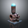 Vintage Rusty Industrial Metal Device With Blue Dome On Concrete Base