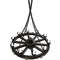 Vintage Wheel Shaped Black Metal Chandelier With Hanging Chains And Decorative Spikes