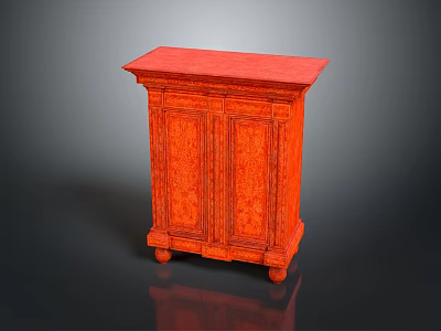 Orange Carved Cabinet With Red Top And Decorative Double Doors On Wheels 3d model