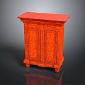 Orange Carved Cabinet With Red Top And Decorative Double Doors On Wheels