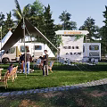Scenic Camping Site With Tents RVs Outdoor Seating String Lights And Green Grass