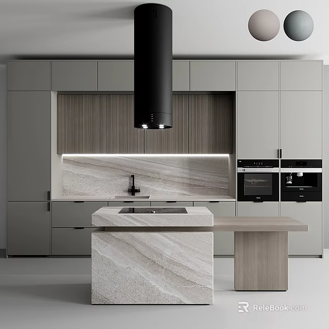 Modern Kitchen Interior With Grey Cabinets Black Range Hood Marble Island And Wooden Backsplash 3d model 