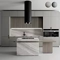 Modern Kitchen Interior With Grey Cabinets Black Range Hood Marble Island And Wooden Backsplash