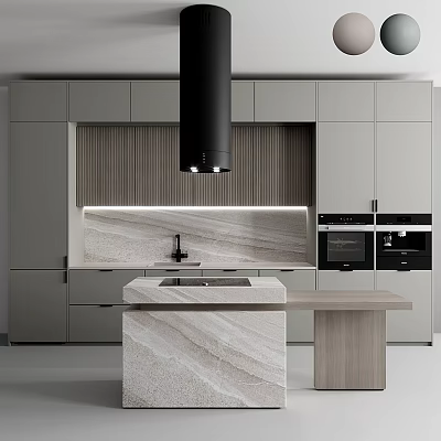 Modern Kitchen Interior With Grey Cabinets Black Range Hood Marble Island And Wooden Backsplash 3d model