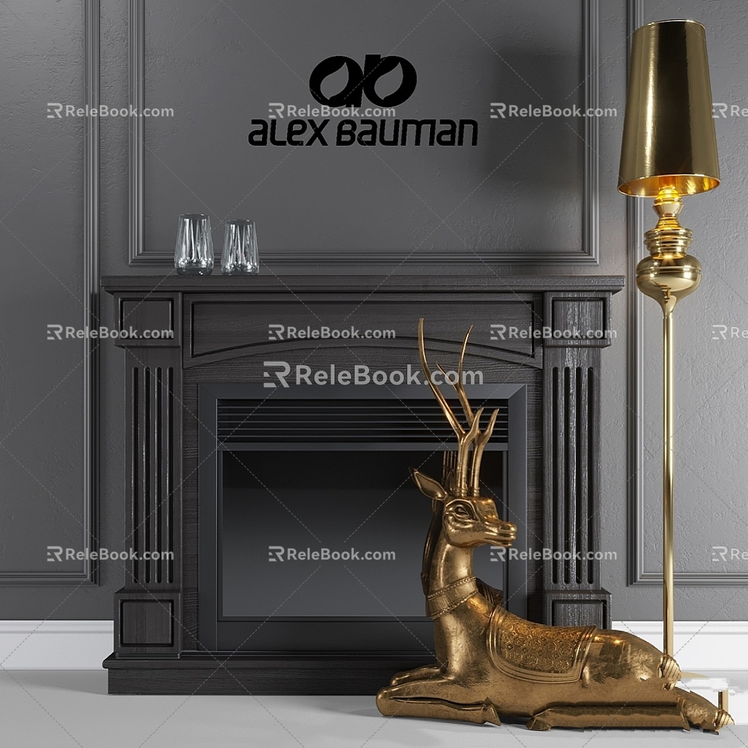 Vintage Fireplace Alex Bowman Marseille Electric Fireplace Tiffany Deer 3d model